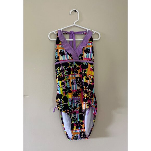 Beach Native Girls Size 14 One Piece Swimsuit Swimwear 70's Floral Ruffle - Picture 1 of 5